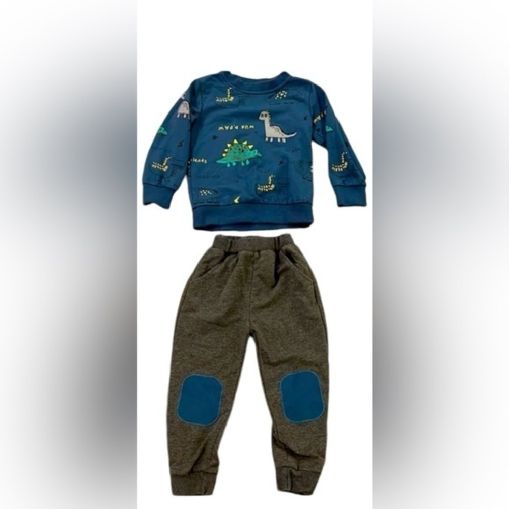 Toddler Boy Dinosaur 2 Piece Outfit, Steel Blue Sweatshirt‎ w/ Grey Pants 2-3T